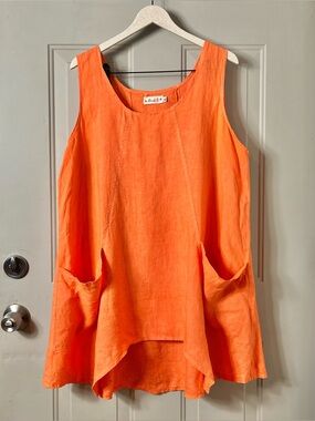 Bodil 100% Linen Tangerine Orange Lagenlook Pocket Front Tunic Mini Dress XL